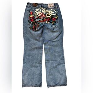 NEW Ed Hardy Tattoo Koi Baggy Jean Y2K Paint Splatter Multicolor Womens Size 30